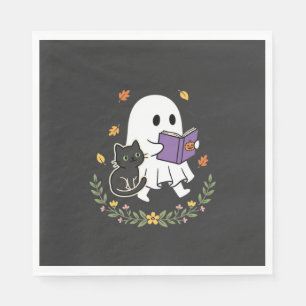 Halloween Ghost Cat Reading Book Floral Design_1 Napkins