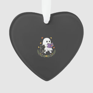 Halloween Ghost Cat Reading Book Floral Design_1 Ornament