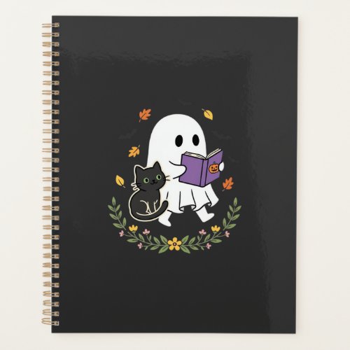 Halloween Ghost Cat Reading Book Floral Design_1 Planner