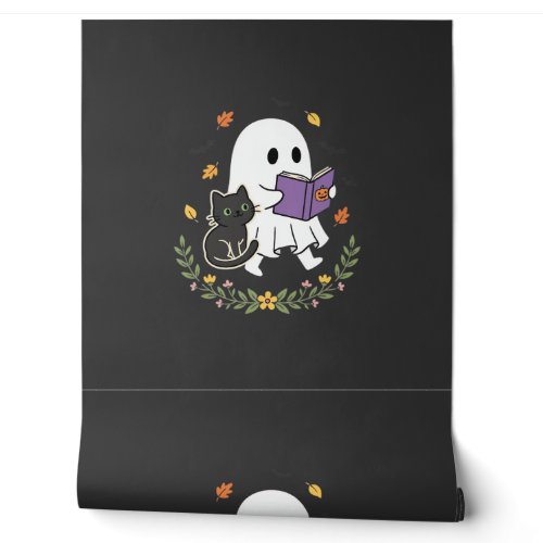 Halloween Ghost Cat Reading Book Floral Design_1 Wallpaper