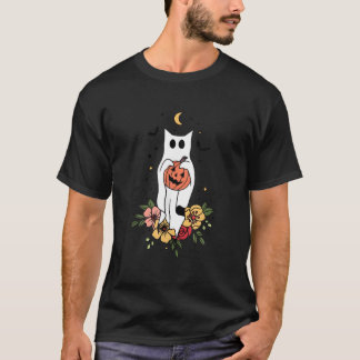 Halloween Ghost Cat Scary Pumpkin Floral Cat T-Shirt