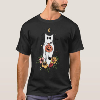 Halloween Ghost Cat Scary Pumpkin Floral Cat T-Shirt