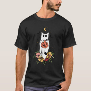 Halloween Ghost Cat Scary Pumpkin Floral Cat T-Shirt