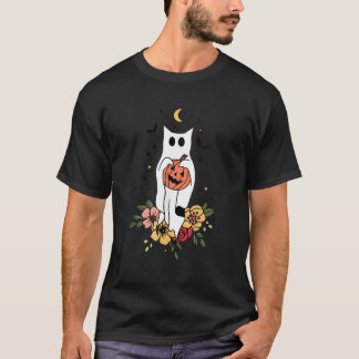 Halloween Ghost Cat Scary Pumpkin Floral Cat T-Shirt