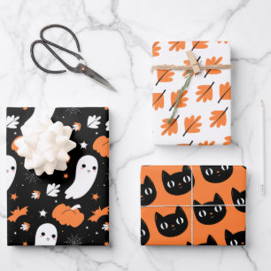 Halloween Ghost, Cat, Spooky Fall Wrapping Paper Sheets