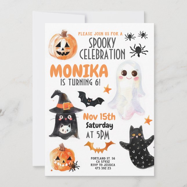 Halloween Ghost Cats Kids Watercolor Birthday Invitation (Front)