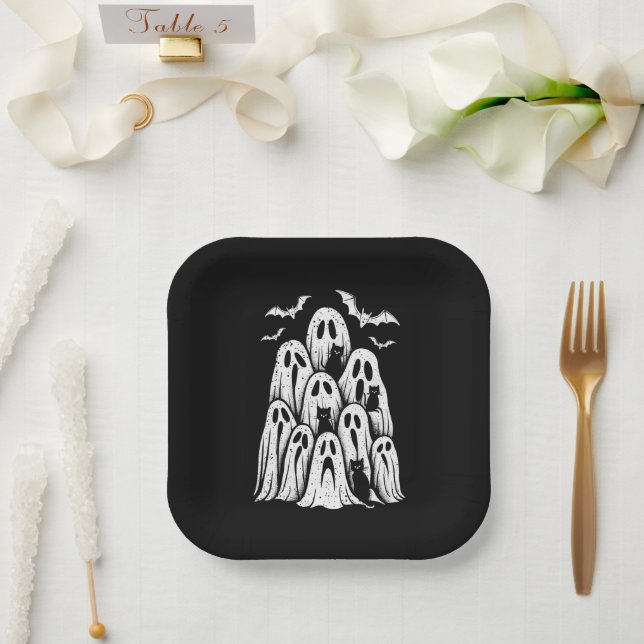 Halloween Ghost Cats Lover Fall Spooky Season Paper Plates (Wedding)