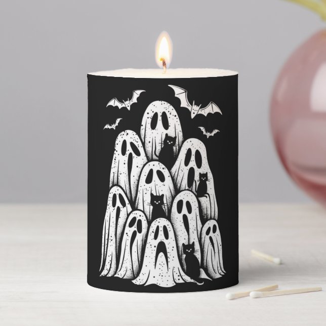 Halloween Ghost Cats Lover Fall Spooky Season Pillar Candle (In Situ)
