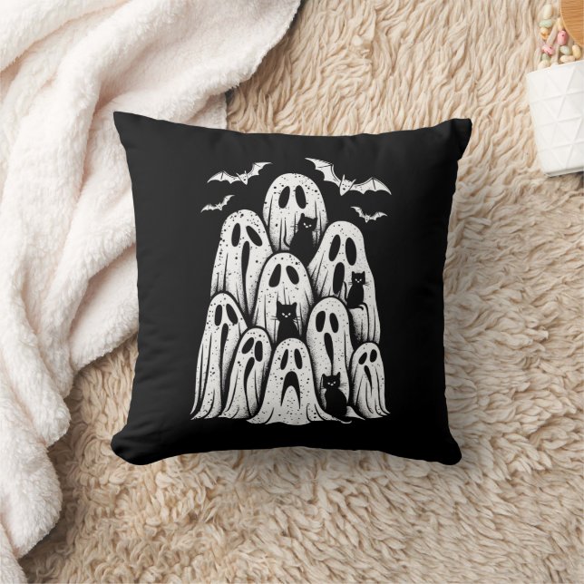Halloween Ghost Cats Lover Fall Spooky Season Throw Pillow (Blanket)
