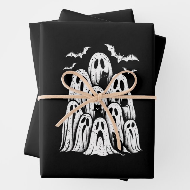Halloween Ghost Cats Lover Fall Spooky Season Wrapping Paper Sheets (In situ)
