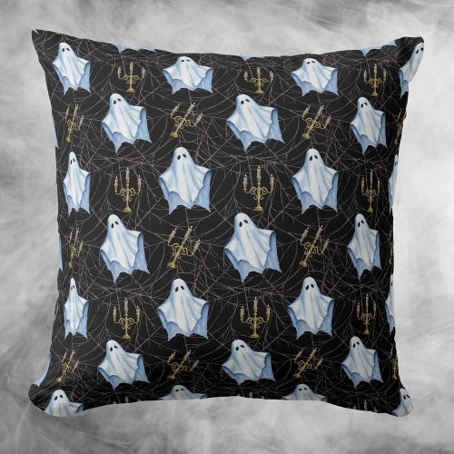 Halloween Ghost Cobwebs  Candelabra Gothic Black Throw Pillow