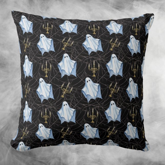 Halloween Ghost, Cobwebs & Candelabra Gothic Black Throw Pillow (Creator Uploaded)