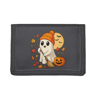 Halloween Ghost Coffee Pumpkin Spooky Season Women Tri-fold Wallet