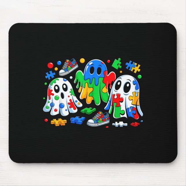 Halloween Ghost Colorful Puzzle Ribbon Autism Awar Mouse Pad (Front)