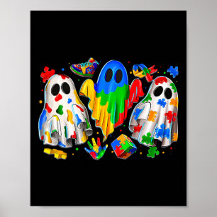 Halloween Ghost Colorful Puzzle Ribbon Autism Awar Poster