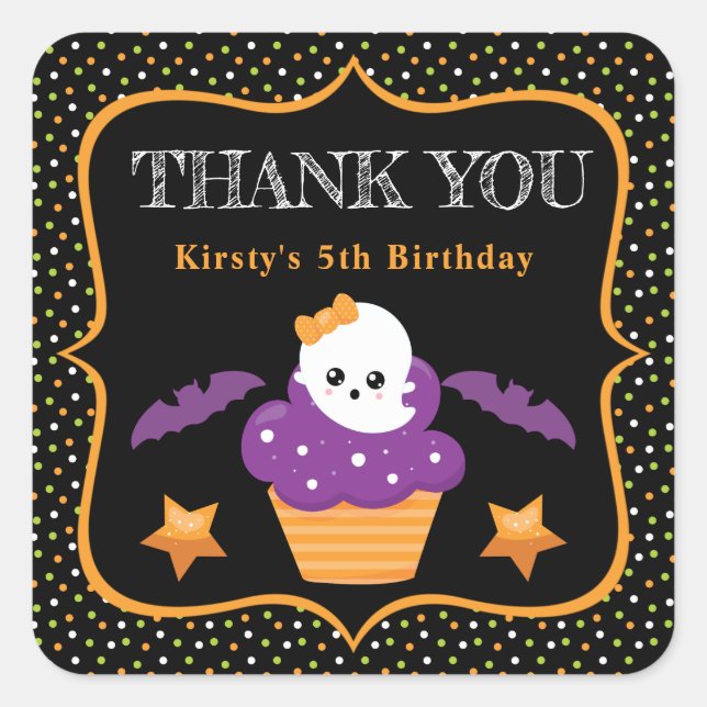 Halloween Ghost Cupcake & Polka Dots Birthday Square Sticker (Front)