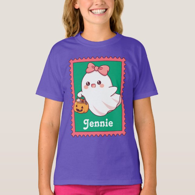 Halloween Ghost Cute Coquette Bow Custom Name T-Shirt (Front)