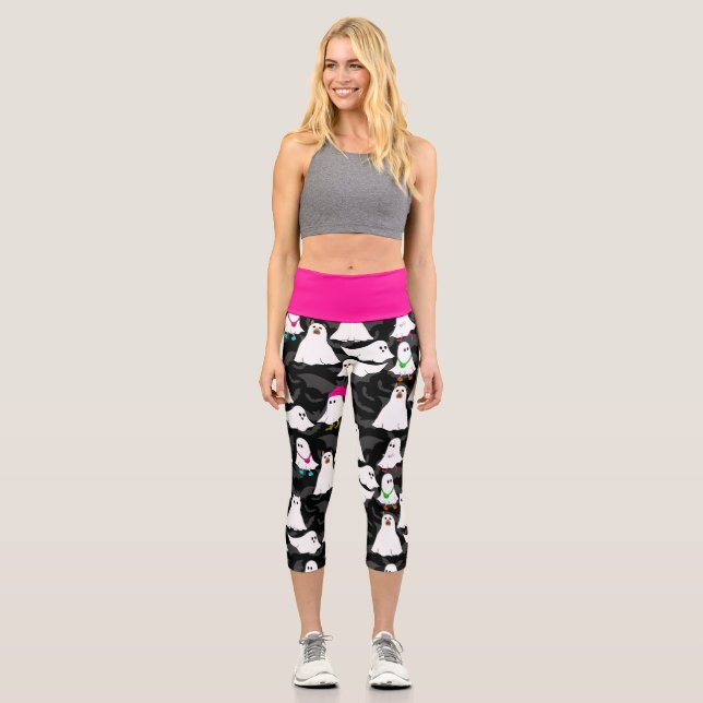 halloween ghost dog cat black capri leggings (Front)