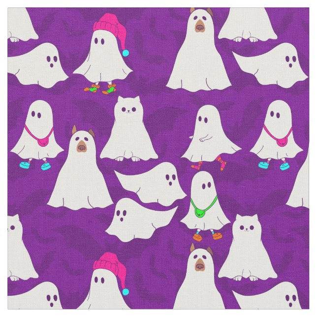 halloween ghost dog cat purple  fabric (Close Up)