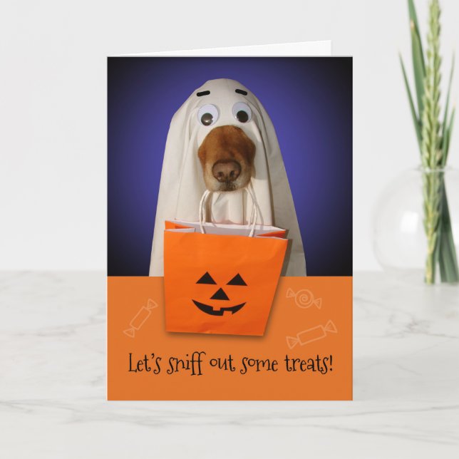 Halloween Ghost Dog, Sniff Out Treats Card (Front)