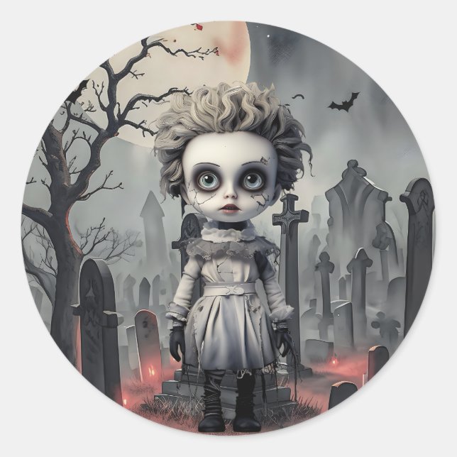 Halloween Ghost Doll at Graveyard  Classic Round Sticker (Front)