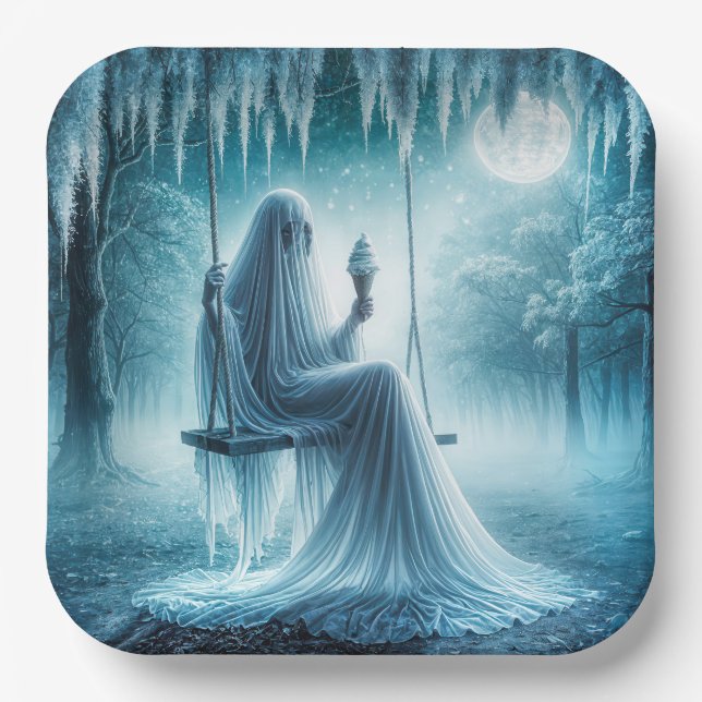 Halloween Ghost Eating An Ice Cream Cone Paper Plates (Front)