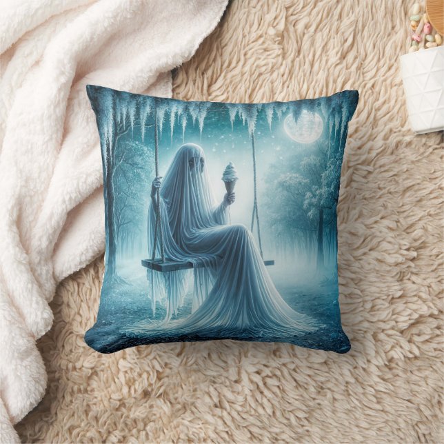 Halloween Ghost Eating An Ice Cream Cone Throw Pillow (Blanket)