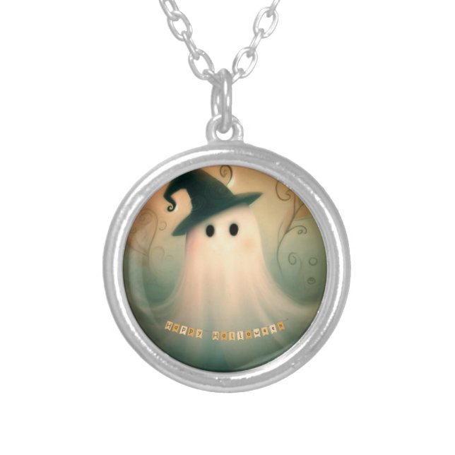 Halloween/Ghost/Fall/Whimsical Ornament Silver Plated Necklace (Front)