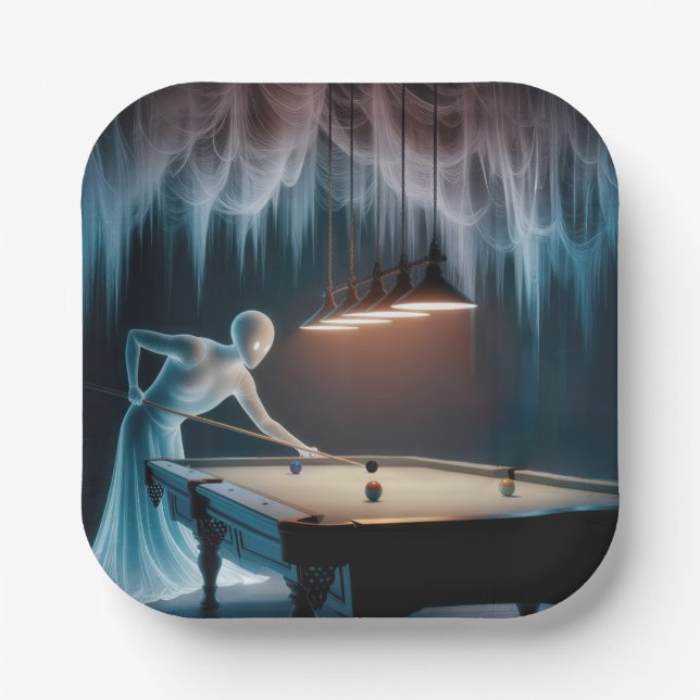 Halloween Ghost Figures Playing Billiards Paper Plates (Front)
