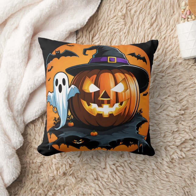 Halloween ghost floats beside a carved pumpkin throw pillow (Blanket)
