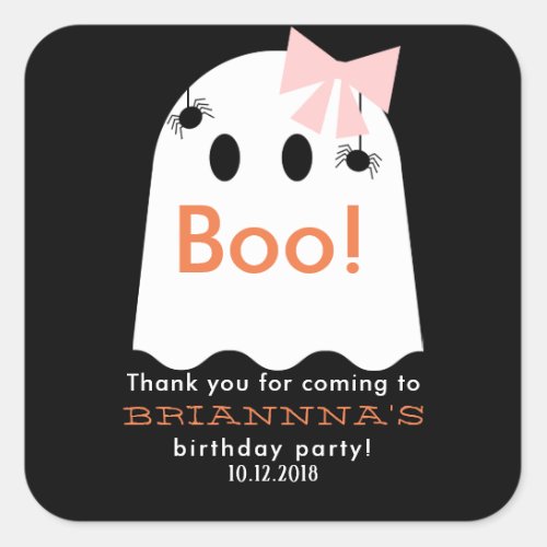 Halloween Ghost Girl Birthday Thank You Black Square Sticker