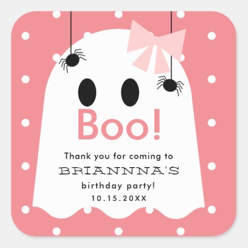 Halloween Ghost Girl Birthday Thank You Pink Square Sticker