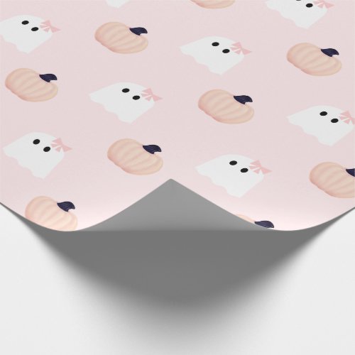 Halloween Ghost Girl Orange Pumpkin Pattern Pink Wrapping Paper