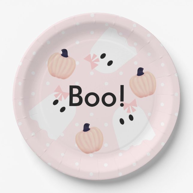 Halloween Ghost GIrl & Pumpkin Birthday Pink Paper Paper Plates (Front)