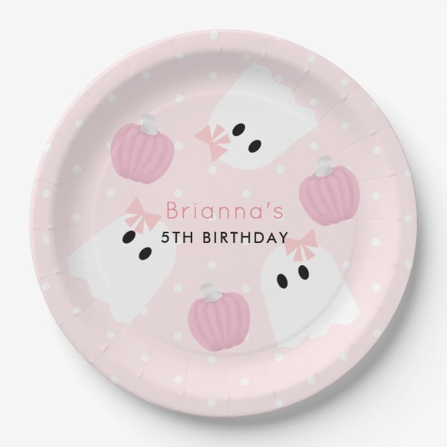 Halloween Ghost GIrl & Pumpkin Birthday Pink Paper Plates (Front)