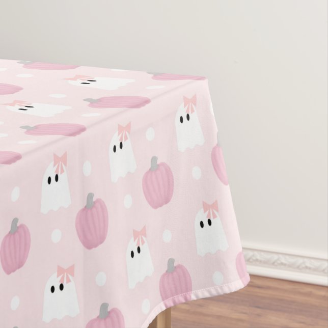 Halloween Ghost Girl & Pumpkin Birthday Pink Tablecloth (In Situ)