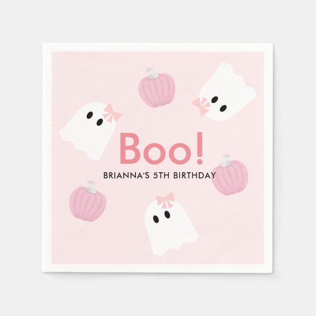 Halloween Ghost GIrl & Pumpkin Cute Pink Napkins (Front)
