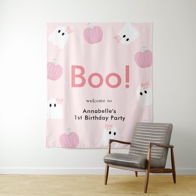 Halloween Ghost Girl Pumpkin Pink Birthday Welcome Tapestry (In Situ)