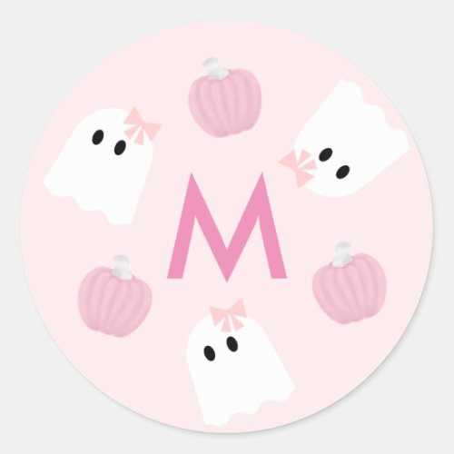 Halloween Ghost Girl  Pumpkin Pink Monogram Classic Round Sticker