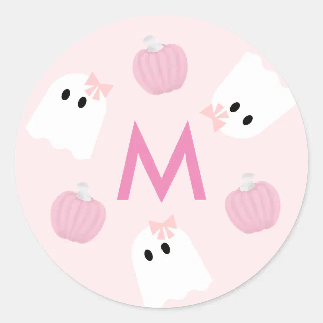 Halloween Ghost Girl & Pumpkin Pink Monogram Classic Round Sticker | Zazzle