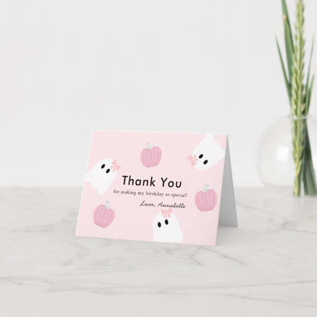 Halloween Ghost Girl Pumpkin Pink Thank You Card (Front)