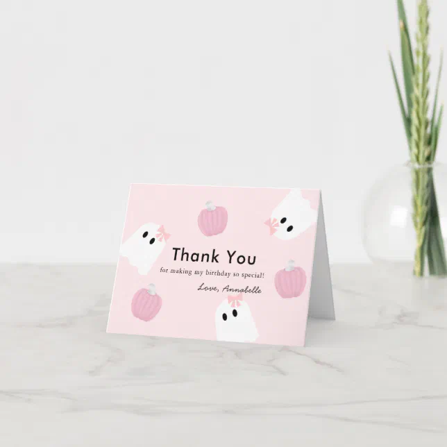 Halloween Ghost Girl Pumpkin Pink Thank You Card | Zazzle
