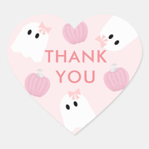 Halloween Ghost Girl & Pumpkin Thank You Pink Heart Sticker