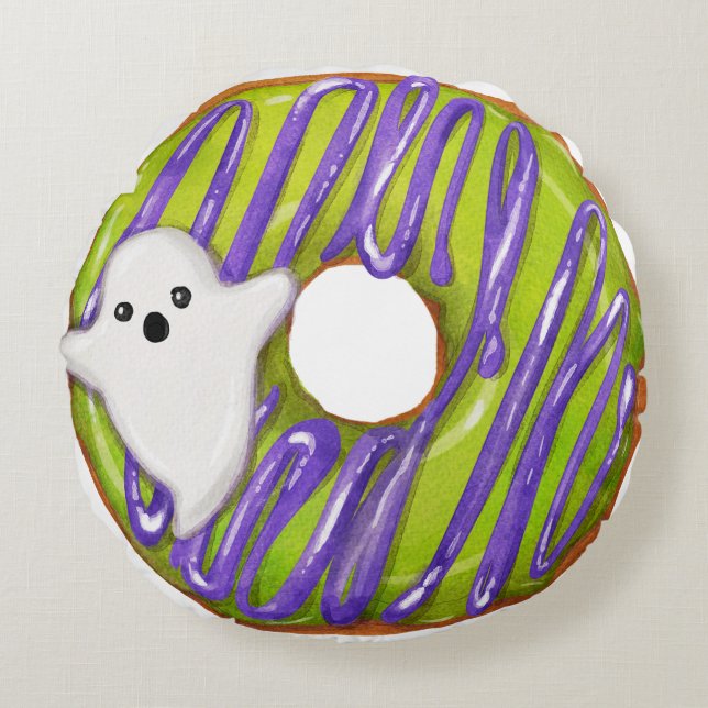 Halloween Ghost & Green Slime Donut Round Pillow (Front)