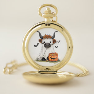 Halloween Ghost Highland Cow PNG Pocket Watch