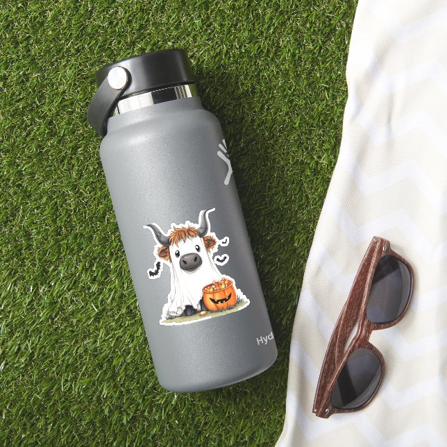 Halloween Ghost Highland Cow PNG Sticker (HydroFlask Insitu)