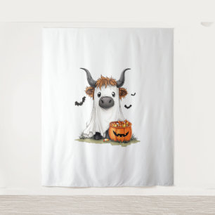 Halloween Ghost Highland Cow PNG Tapestry