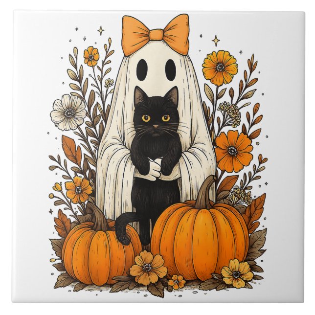 Halloween Ghost Holding Black Cat  Ceramic Tile (Front)