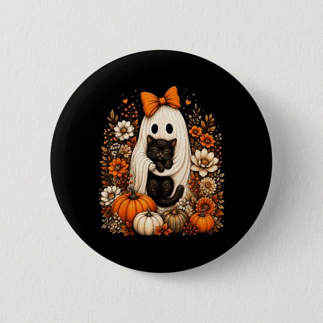 Halloween Ghost Holding Black Cat Pumpkin Floral Button (Front)