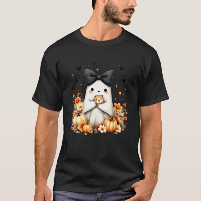 Halloween Ghost Holding Capybara Pumpkin Fall Capy T-Shirt (Front)